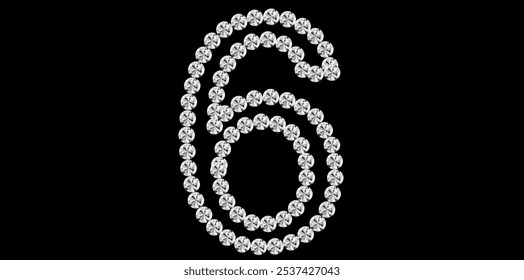 Silver Rhinestone Diamond Number 6 Luxury Text Design Vector Illustration, Diamond Bling Number On Black Background.	