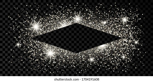 Marco de rabus plateado con brillo, chispas y bengalas sobre fondo transparente oscuro. Lujoso fondo vacío. Ilustración vectorial.