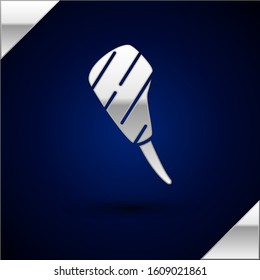 Silver Rib eye steak icon isolated on dark blue background. Steak tomahawk. Piece of meat.  Vector Illustration