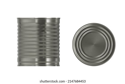 Silver ribbed tin can realistic mockup with top view. 3d isolated steel or aluminum blank tincan. Illustration of conserve product for package design. Clear unbranded container template