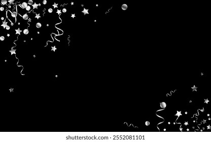 Silver Ribbon Abstract Vector Black Background. Anniversary Confetti Invitation. Spiral Isolated Design. Silver Festive Illustration.