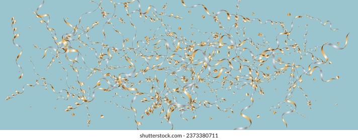 Silver Ribbon Abstract Vector Panoramic Blue Background. Anniversary Serpentine Poster. Star Happy Illustration. Foil Swirl Invitation.