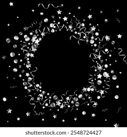 Silver Ribbon Anniversary Vector Black Background. Paper Streamer Template. Spiral Swirl Design. Silver Abstract Illustration.