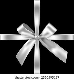 Ruban en argent avec noeud sur fond noir. Elément de décoration cadeau en argent. Présente décoration boîte. Illustration vectorielle 3d réaliste.