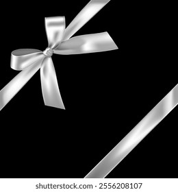 Silver ribbon with bow on black background. Silver gift wrapping decoration element. Present box decoration. Realistic 3d vector illustration.