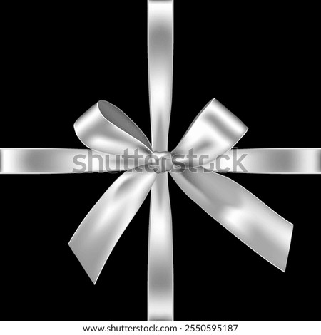 Silver ribbon with bow on black background. Silver gift wrapping decoration element. Present box decoration. Realistic 3d vector illustration.
