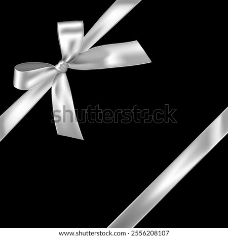 Silver ribbon with bow on black background. Silver gift wrapping decoration element. Present box decoration. Realistic 3d vector illustration.