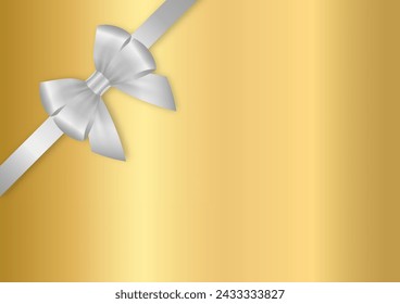 Silver Ribbon Bow on Golden Background for Christmas and New Year Event. Vector Illustration.