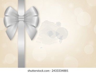 Silver Ribbon Bow on Golden Background for Christmas and New Year Event. Vector Illustration.