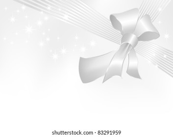 Silver ribbon with bow on white background with gradient to gray - suitable for present, birthday, card, wedding, greeting and Christmas designs