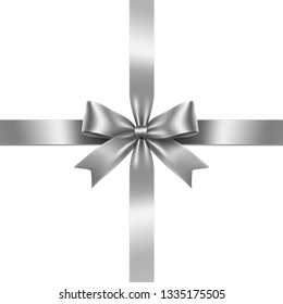 Silver ribbon bow vector. Illustration of a silver grey ribbon bow crossed at the center on white background.