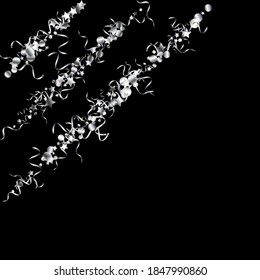 Silver Ribbon Carnival Vector Black Background. Shiny Streamer Template. Confetti Fun Poster. Silver Swirl Plant.