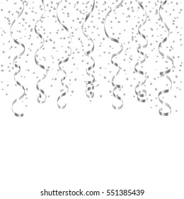 Silver ribbon confetti. Serpentine on white background. Colorful streamers. Design decoration party, birthday, Christmas, New Year celebration, anniversary, carnival Vector illustration