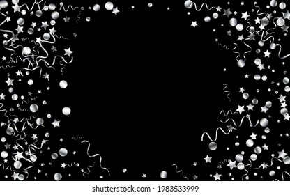 Silver Ribbon Festive Vector Black Background. Abstract Serpentine Invitation. Streamer Swirl Poster. Silver Celebrate Template.