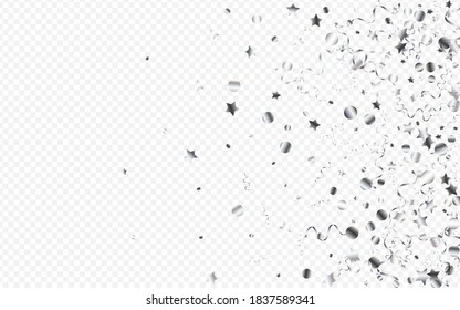 Silver Ribbon Flying Vector Transparent Background. Falling Confetti Template. Star Fun Branch. Silver Abstract Plant.
