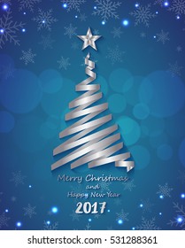 Silver ribbon make Christmas tree shape on blue  background for greeting card