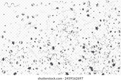 Silver Ribbon Paper Vector Transparent Background. Carnival Streamer Template. Confetti Shiny Branch. Silver Flying Plant.