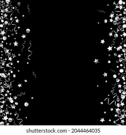 Silver Ribbon Swirl Vector Black Background. Carnival Confetti Illustration. Serpentine Celebrate Plant. Silver Fun Design.