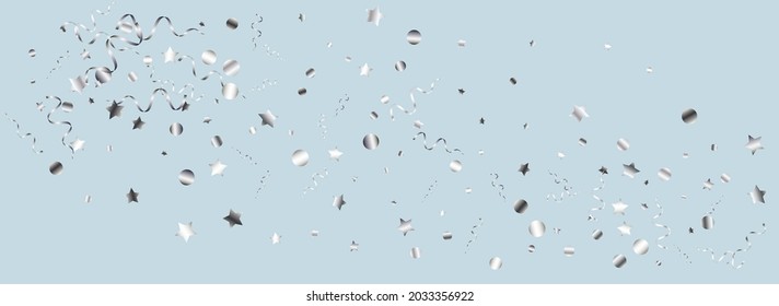 Silver Ribbon Swirl Vector Panoramic Blue Background. Happy Confetti Template. Star Anniversary Poster. Silver Falling Design.