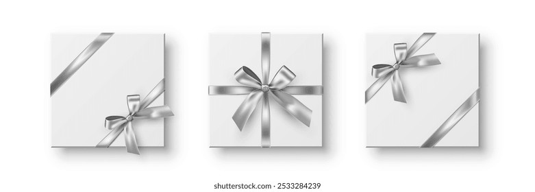 Cintas plateadas con lazo engastado. Decoración de envoltura de regalo sobre fondo blanco. Colección de la decoración actual de la caja. Elementos de diseño de Vector 3D realistas.