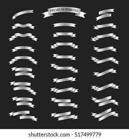 Silver ribbons vector set on black background. Premium ribbons set. Vector illustration.