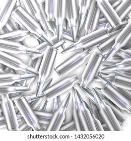 Silver rifle bullets randomly thrown on white background. 