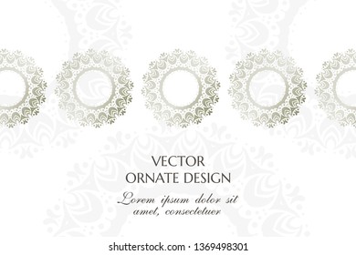 Silver ring in Asian style. Graceful horizontal banner with ornamental border on the white background. Vector design with decorative elements and copy space for wedding invitation, anniversary card