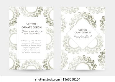 Silver ring in Asian style. Stylish vertical posters with ornamental frames on the white background. Vector design with decoration elements and copy space for wedding invitation, anniversary cards 