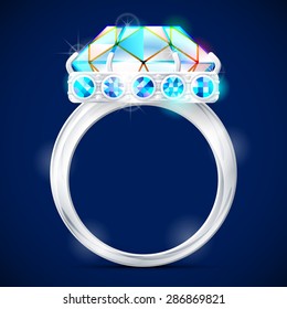 Silver ring with diamond against dark background. Wedding ring with gemstones. Qualitative vector illustration about jewellery industry, accessories, fashion, luxury, etc