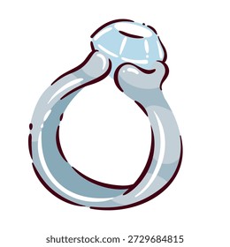 Silver ring jewelry with round gemstone. Smooth metal band, glossy surface, simple setting, clean silhouette. Minimal fashion ring accent, modern cartoon vector illustration.