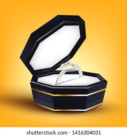 Silver Ring With Shape Of Heart In Box Vector. Bright Jewelry Ring Romantic Expensive Surprise Gift In Elegant Modern Black Packaging For Loving Girl On Birthday. Realistic 3d Illustration