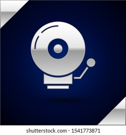 Silver Ringing alarm bell icon isolated on dark blue background. Alarm symbol, service bell, handbell sign, notification symbol.  Vector Illustration