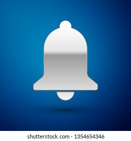 Silver Ringing bell icon isolated on blue background. Alarm symbol, service bell, handbell sign, notification symbol. Vector Illustration