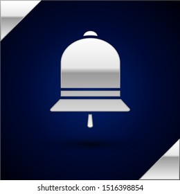 Silver Ringing bell icon isolated on dark blue background. Alarm symbol, service bell, handbell sign, notification symbol.  Vector Illustration