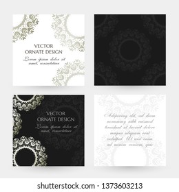 Silver rings in Asian style. Square cards collection. Banners with decoration elements on the black and white background. Vector illustration for event invitation, ceremony card or celebration banner.