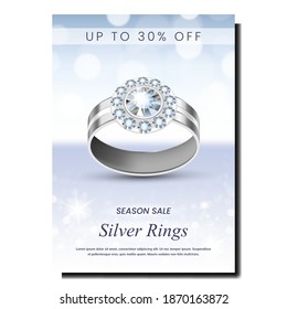 Silver Rings Creative Promotional Poster Vector. Rings Store Seasonal Sale, Fashion Accessory For Betrothal With Jewelry Stones On Advertising Banner. Luxury Gift Style Concept Template Illustration