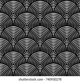 Silver rings on a black background. Seamless pattern.