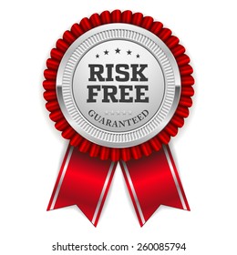 Silver Risk Free Badge With Red Ribbon On White Background