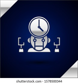 Silver Robot and digital time manager icon isolated on dark blue background. Time management assistance, workflow optimization help.  Vector Illustration