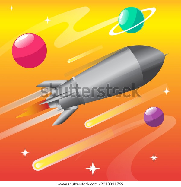 Silver rocket on galaxy\
and  planet with gradation orange background. Rocket icon. Vector\
illustration.