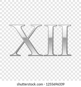 Silver Roman numeral number 12, XII, twelve in alphabet letter isolated on transparent background. Ancient Rome numeric system. Vector Illustration