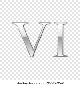 Silver Roman numeral number 6, VI, six in alphabet letter isolated on transparent background. Ancient Rome numeric system. Vector Illustration