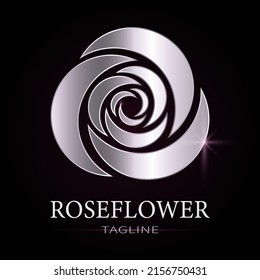 Silver rose flower logotype. Luxury, shiny, minimalist design. Best for web, print, logo creating and branding design.	