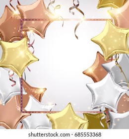 Silver, rose gold (bronze) and gold star shaped balloons. Vector illustration.Wallpaper.flyers, invitation, posters, brochure, banners