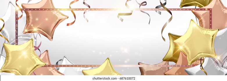 Silver, Rose Gold (bronze) And Gold Star Shaped Balloons. Vector Illustration.Wallpaper.flyers, Invitation, Posters, Brochure, Banners