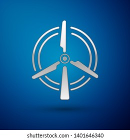 Silver Rotating wind turbine icon isolated on blue background. Wind generator sign. Windmill silhouette. Windmill for electric power production. Vector Illustration