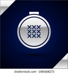 Silver Round adjustable embroidery hoop icon isolated on dark blue background. Thread and needle for embroidery.  Vector Illustration