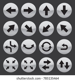 Silver round arrow pointer icons, cursor collection set, simple shape pointer flat design infographic pictogram concept vector for app web button ui ux interface elements isolated on black background