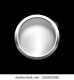 Silver round button with frame vector illustration. 3d steel glossy elegant circle design for empty emblem, medal or badge, shiny and gradient light effect on plate isolated on black background.