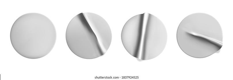 Silver round crumpled stickers mock up set. Adhesive silver foil or plastic sticker label with wrinkled effect on white background. Blank template label tags. 3d realistic vector